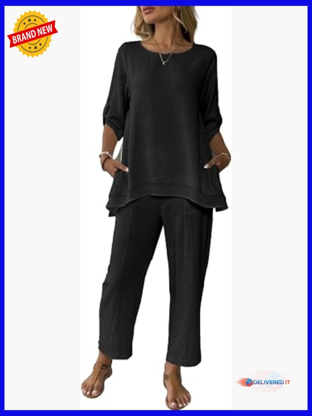 Linen 2 Piece Outfit Set - Rolled Sleeve Top & Wide Leg Capri Pants Summer Suit